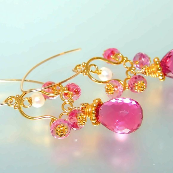 Gold Pink Topaz Pink Quartz Earrings Gemstone Briolette Chandelier Earrings - Picture 3 of 6